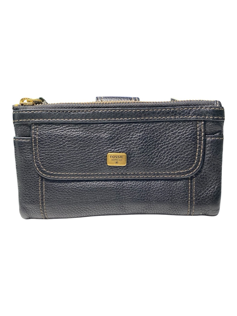 Fossil Black Wallet Emma Clutch Pebbled Leather Contrast Stitch Good Condition